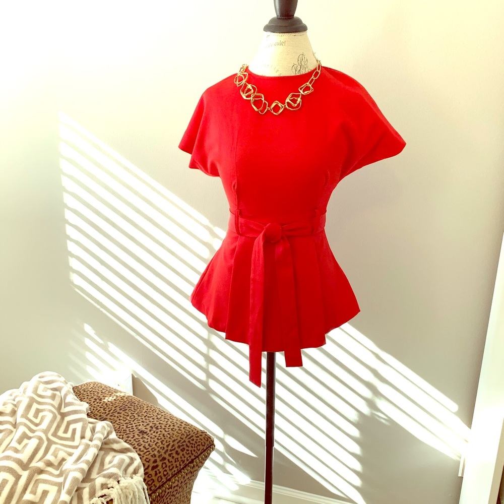 Red Tailored Belted Blouse
